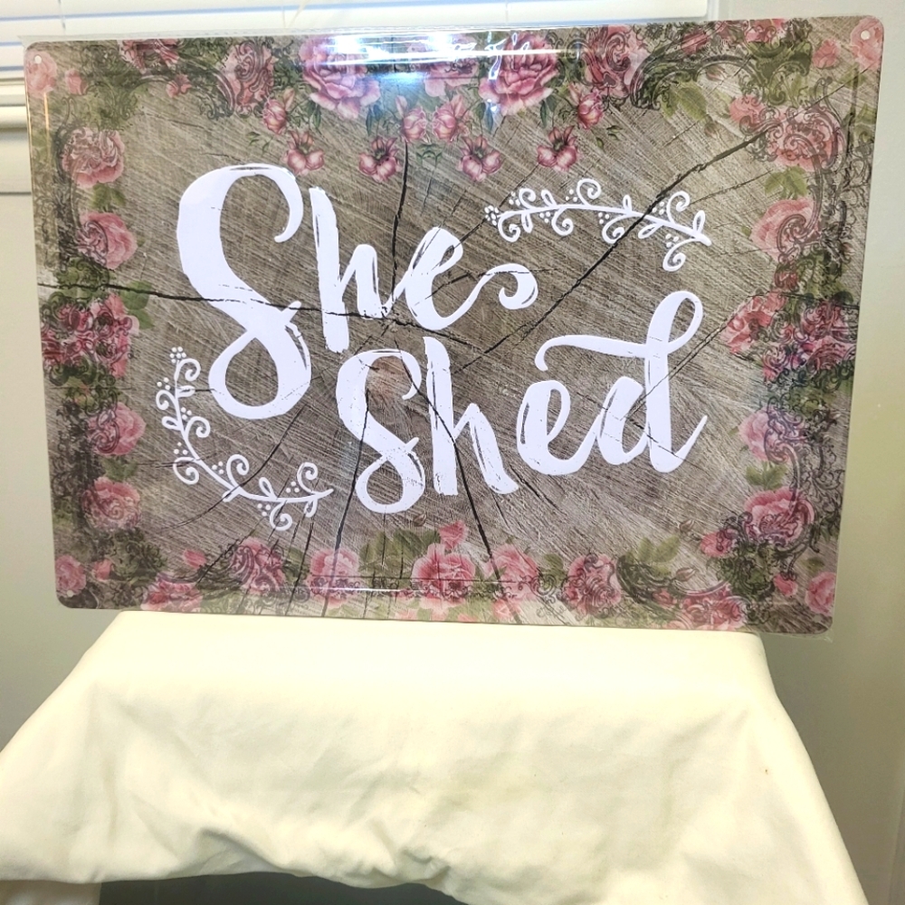 SHE SHED Novelty Hem Wrapped Embossed Metal Tin Po…